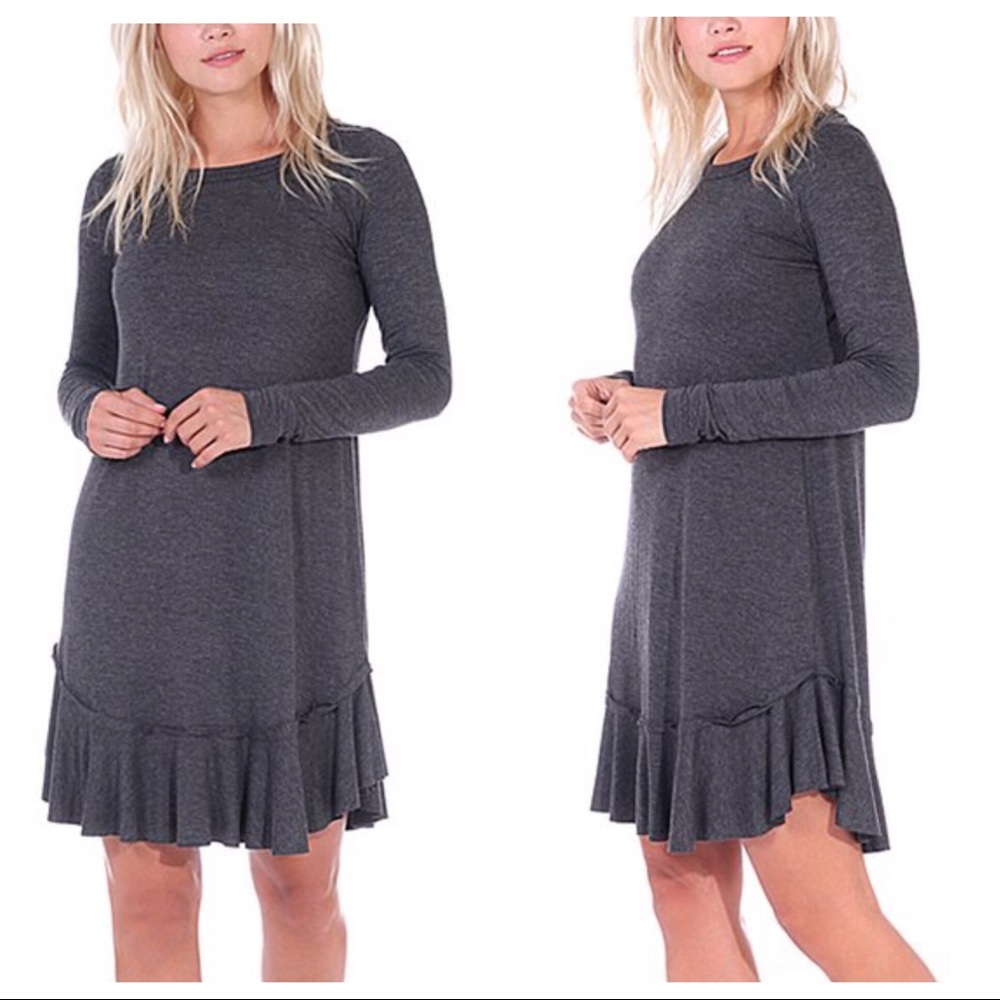 đź–¤STYLE STAPLEđź–¤Gina EssentialGray RuffleHem Dress - Picture 1 of 8